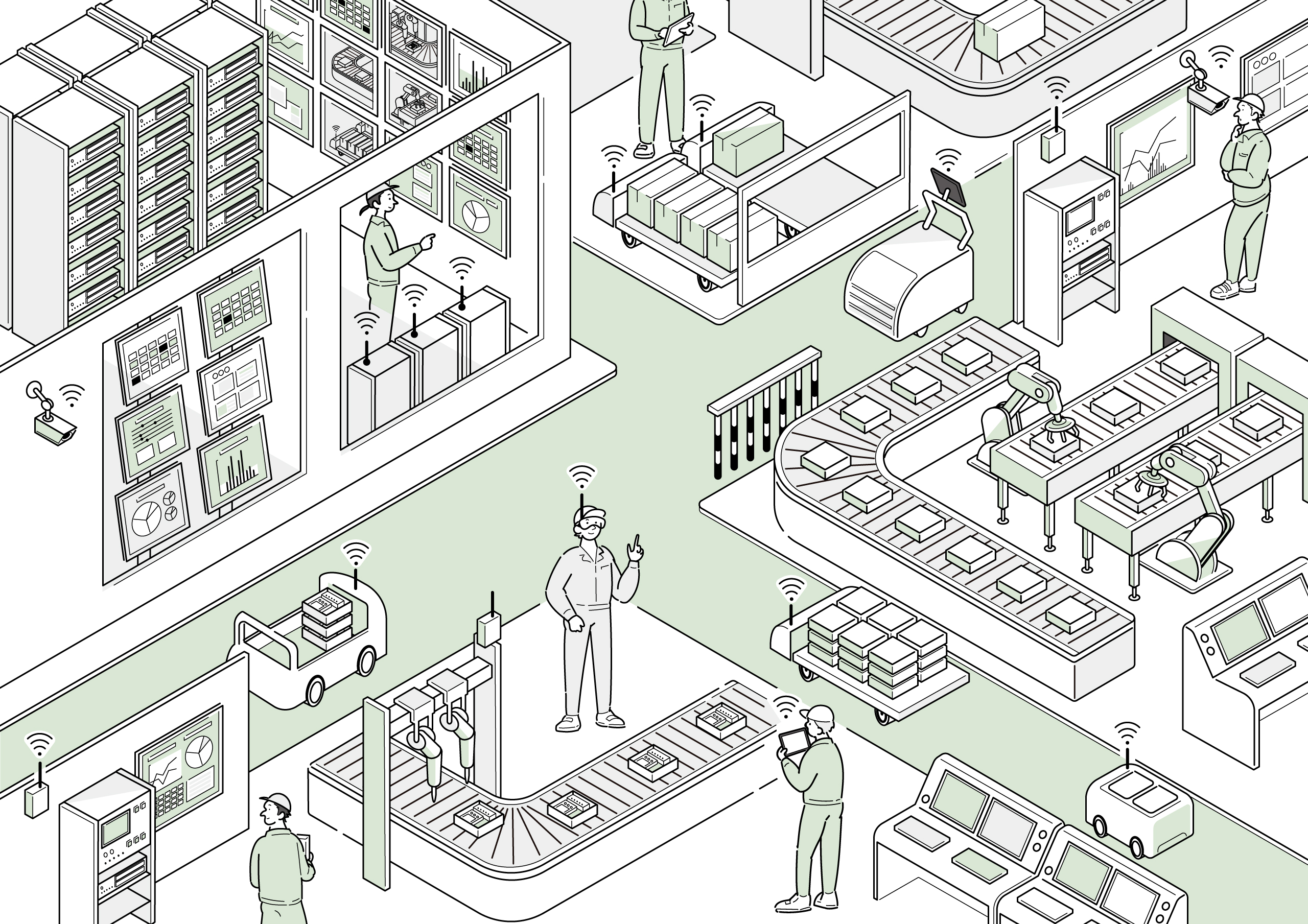 Flexible Factoryのイメージ(電波可視化、xRによる作業支援、IoT機器の安定・安全動作など)
